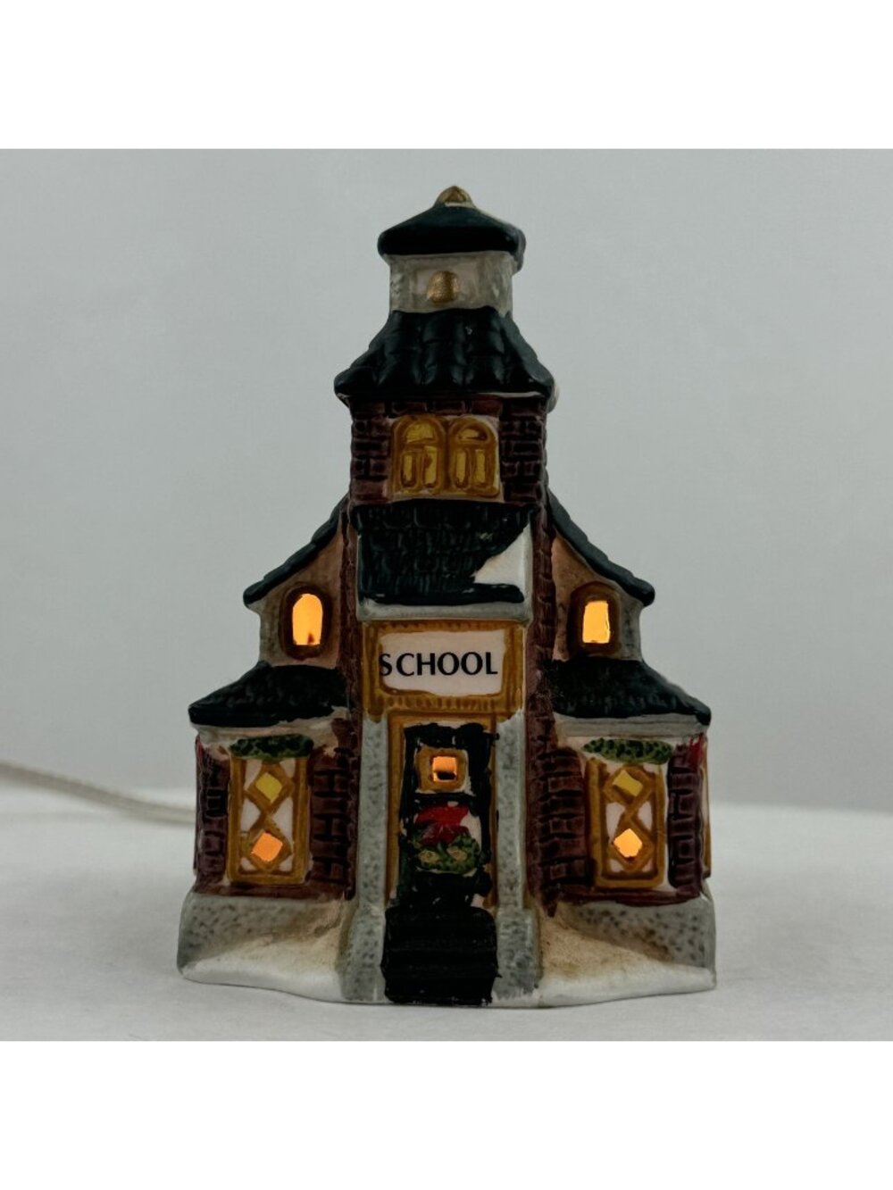 Vintage Schoolhouse Ceramic Light-Up Holiday Village Figure 4.5" Snowy Christmas